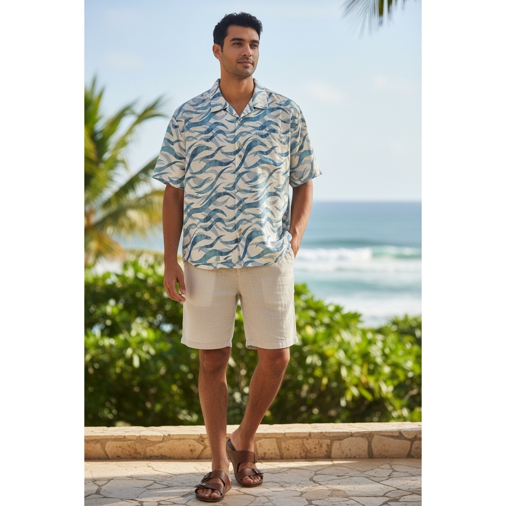 Tommy Bahama Mens Silk Polyester Wave Print Short Sleeve‎ Button Up Shirt XL